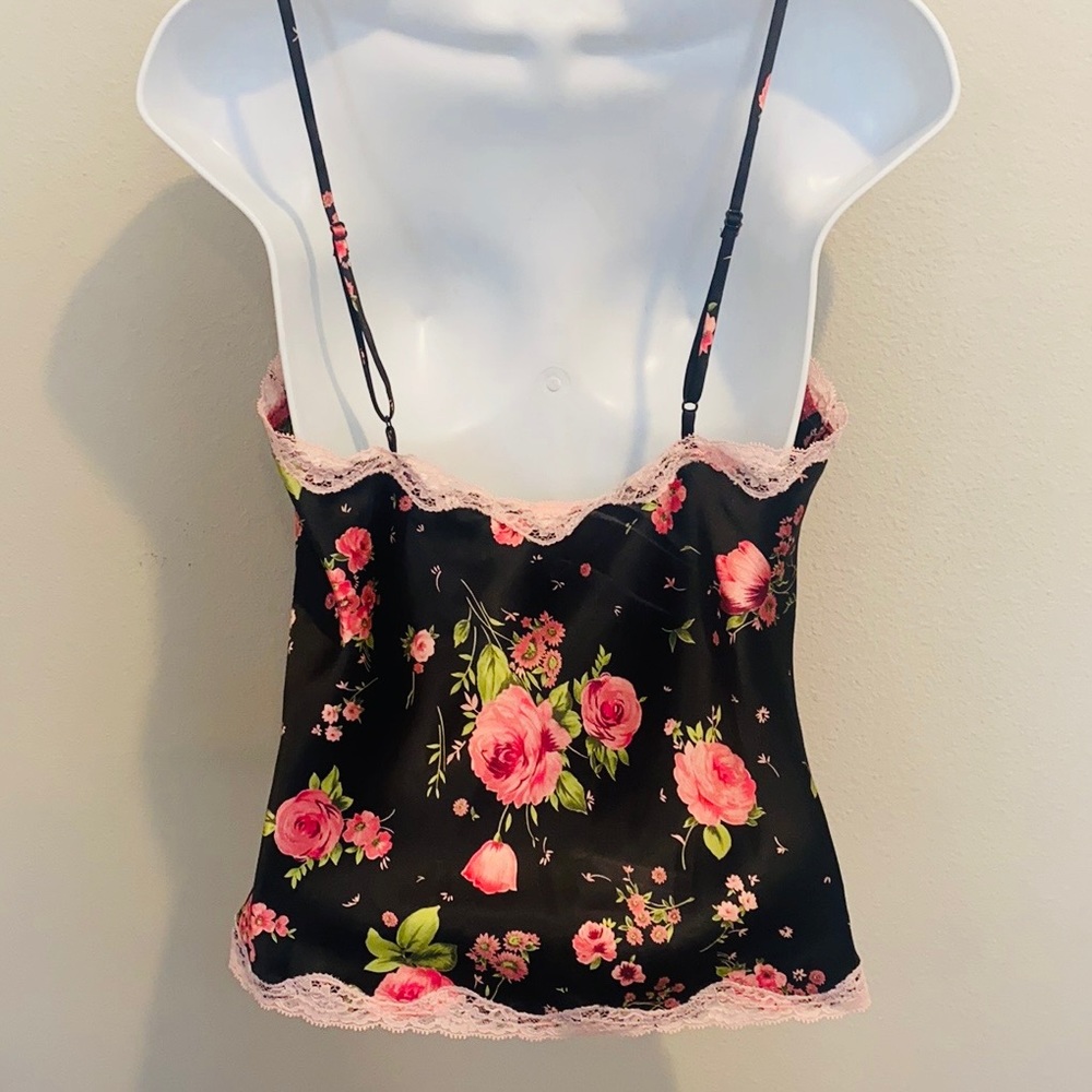 2002 Victoria’s Secret Silky Pink Roses Lace Black Vintage Camisole Tank Top M - Picture 6 of 8
